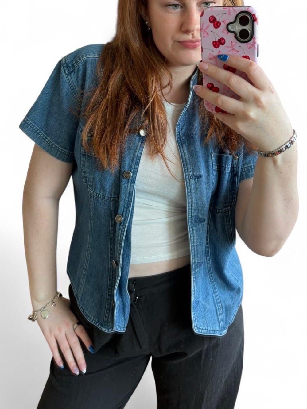 Vintage Denim Button-Up Blouse | Mandarin Collar | Short Sleeve